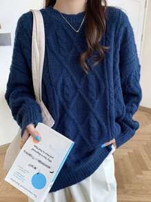 DAZY Women's Round Neck Loose Cable Knit Diamond Pattern Sweater, Sapphire Blue,Fall Clothes - Royal Blue - View 4