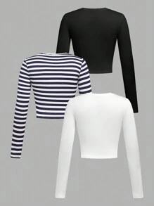 SHEIN 3pcs Tween Girl Fall/Winter Casual Striped & Solid Color Round Neck Long Sleeve T-Shirt Layering Set - Navy Blue - View 2