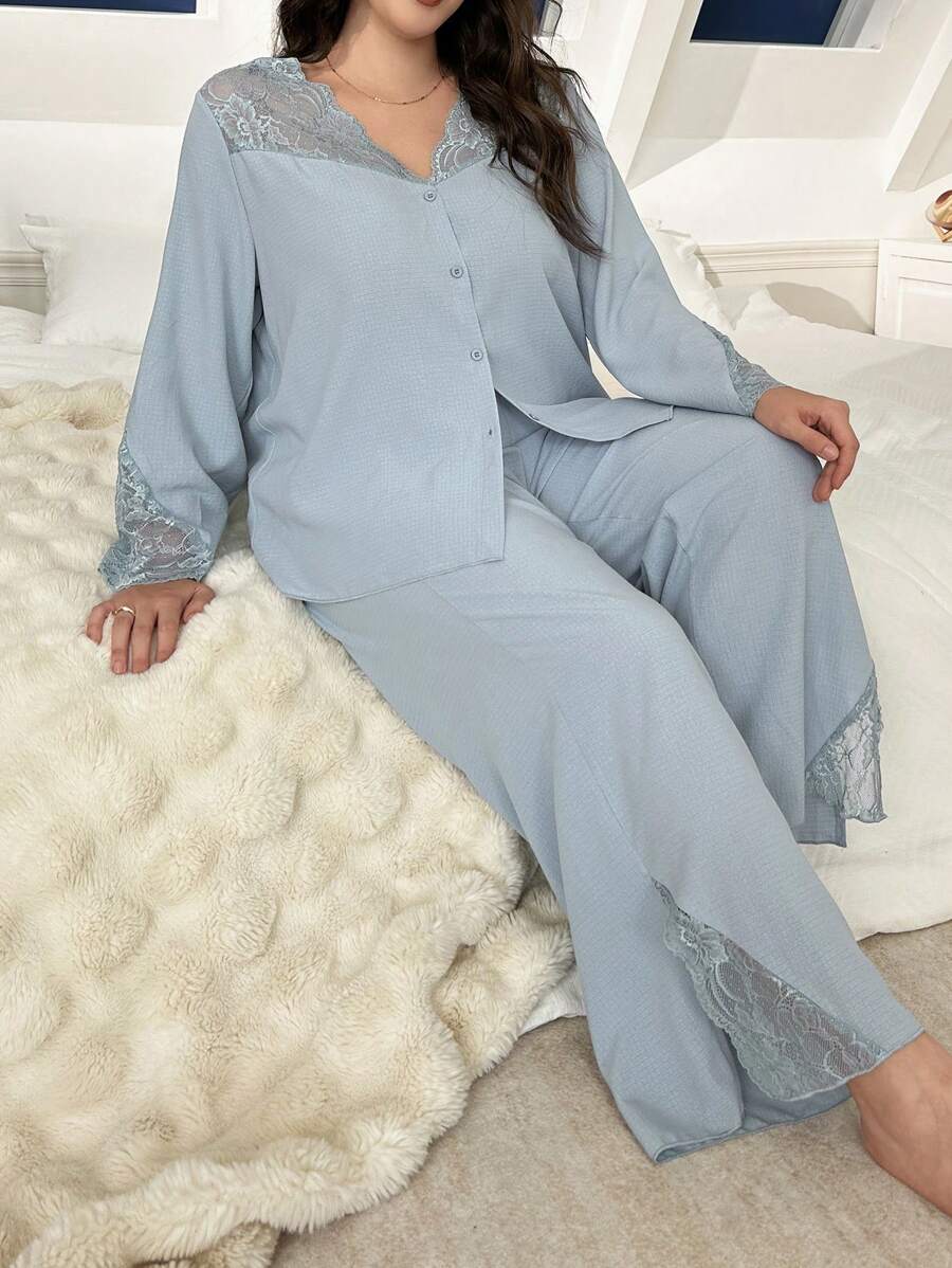 大码女式蕾丝拼布 V 领长袖上衣和裤子睡衣套装、服装、秋装 - 藍色 - 查看 1