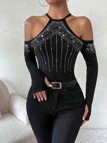 SHEIN Privé 1 件女士性感优雅镂空水钻装饰长袖衬衫 - 黑色 - 查看 5