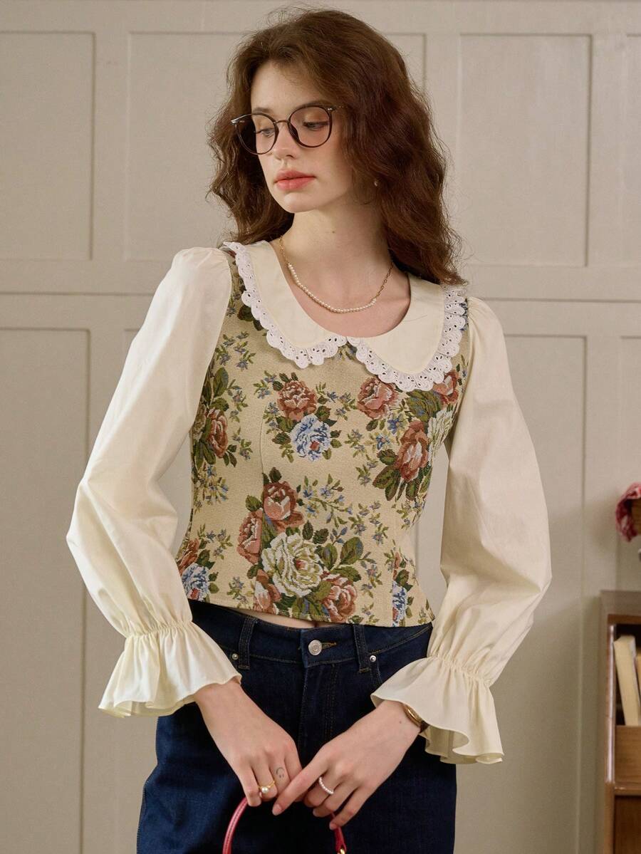 Simple Retro Women's Lace Jacquard Patchwork Crew Neck Blouse - Apricot - View 1