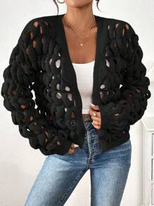 Chiquease Áo len cardigan dệt kim hở lưng cho nữ - màu đen - Xem 5