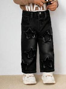 SHEIN Baby Boy Casual Stonewashed Cute Star Patchwork Straight Legs Blue Denim Jeans,For Fall And Winter Outdoor Wear - Black - View 5