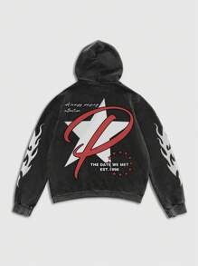 ROMWE MEN Street Life Sudadera con capucha desgastada con ácido y moteada para hombre, estilo de calle retro
