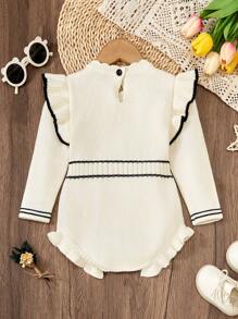 Baby Girls Solid Color Sweater With Elegant Floral Pattern, Bow Decor And Ruffle Trim, Soft And Suitable For Daily, Outing, Travel, Vacation, Home, Daycare, Playing, And School Occasions - White - View 2