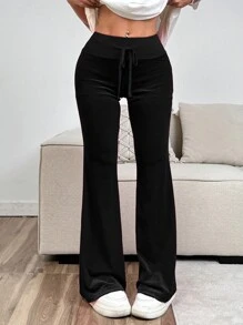 SHEIN EZwear Women's Black Velvet Flare Leg Pants