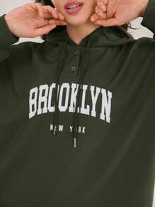 Mulvari 2 件女式秋季字母印花长袖连帽衫和喇叭裤休闲套装 2 件套 - 軍綠色 - 查看 6