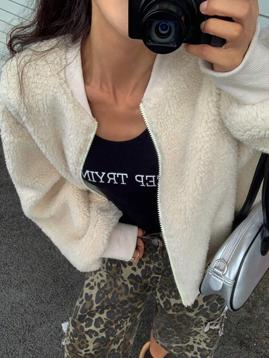 DAZY 1pc Women Plus Fleece Thick Solid Color Baseball Jacket, Warm For Winter,Fall Women Clothes - Beige - View 1