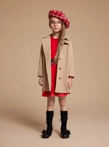 PrepCrw Vestido corto con mangas largas de unicolor con detalle fruncido para niña joven - Rojo - Ver 3