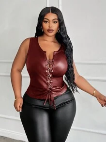 Slaydiva 大码 PU 系带前合身性感街头风格日常大码休闲背心，秋季 - 酒紅色 - 查看 1