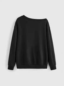 Winx Club X ROMWE 女士休闲卡通人物与字母印花不对称领口宽松运动衫，春/秋 - 黑色 - 查看 2