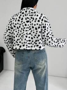 SHEIN EZwear 大码女式波点蓬松保暖大衣，秋冬保暖服装 - 黑與白 - 查看 2