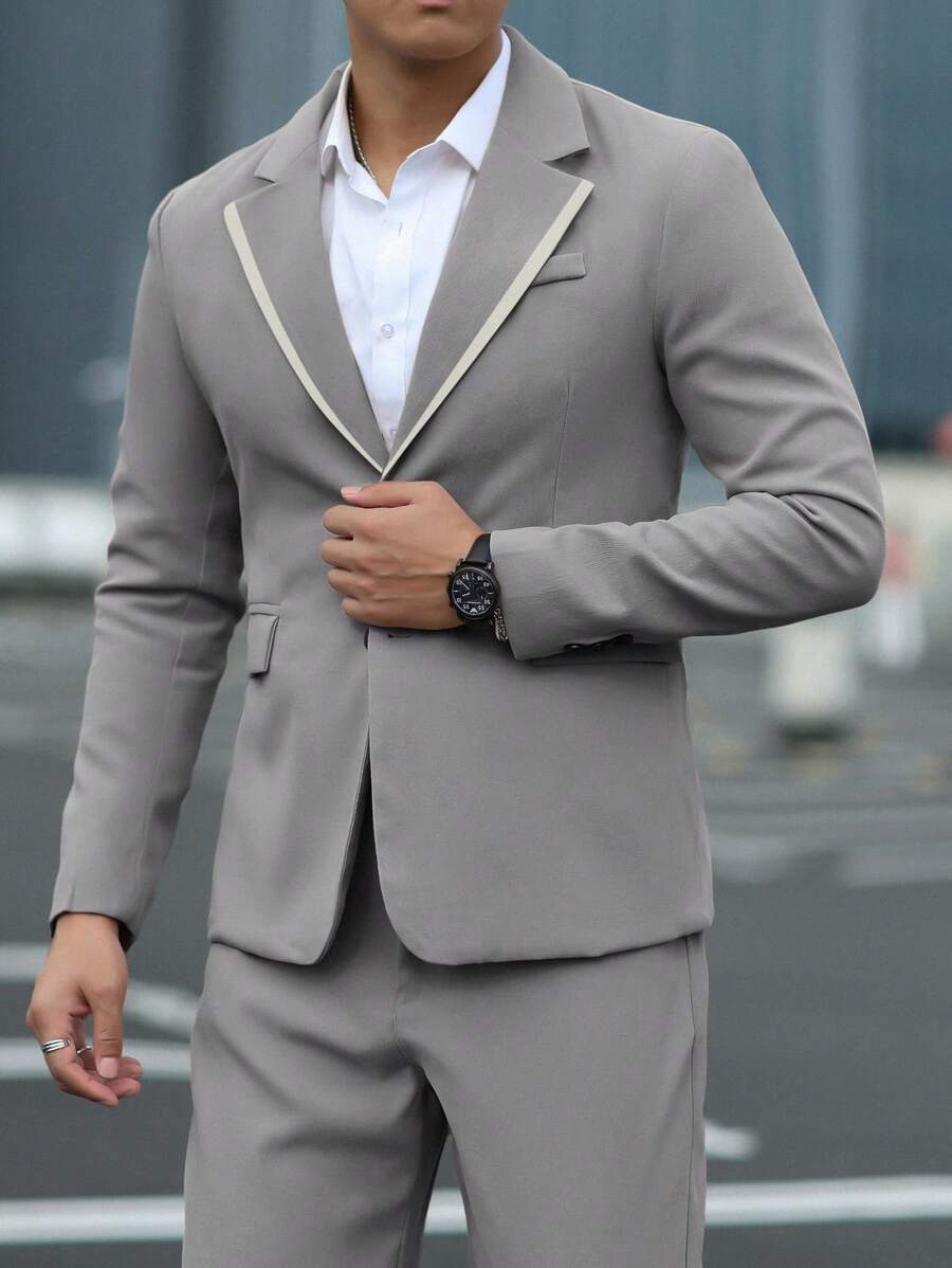 Manfinity Mode 2pcs Men Notched Collar Long Sleeve Pocket Shirt And Trousers Suit Set - Grey - View 1