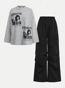 Girlism Conjunto de 2 piezas para niña preadolescente: Camiseta de manga larga oversize con estampado de personajes de moda urbana de primavera, otoño y deporte casual; y pantalones overol de pierna ancha - Multicolor - Ver 12