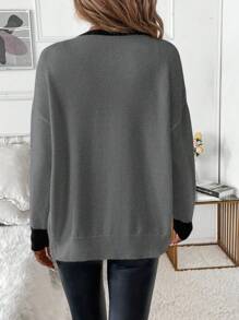SHEIN Clasi Women Classic Black And White Color Contrast Front Bow Design Elegant Cardigan Sweater, Winter - Grey - View 2