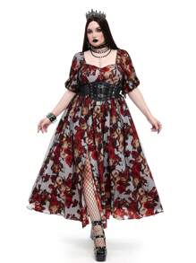 Flirla Plus Size Halloween Floral All-Over Print Splice Short Sleeve Romantic High Slit Holiday Dress