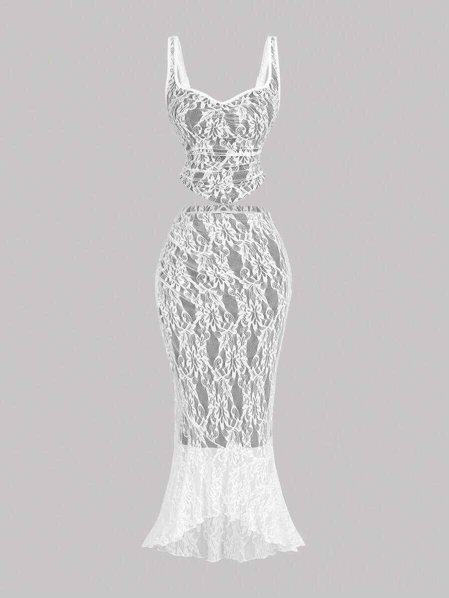 SHEIN MOD 白色蕾丝背心鱼尾裙两件套梦幻正式套装、舞会套装、巡航女士服装、衣服、90 年代服装、秋季套装、韩国时尚、僵尸新娘、伴娘套装、晚宴服装、生日女士服装、返校节、荷叶边套装、文艺复兴 - 黑與白 - 查看 1