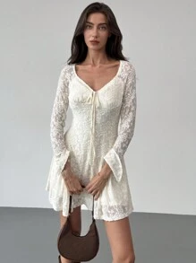 Aloruh Vestido de línea A de mujer con mangas abombadas y nudo delantero, de tela texturizada