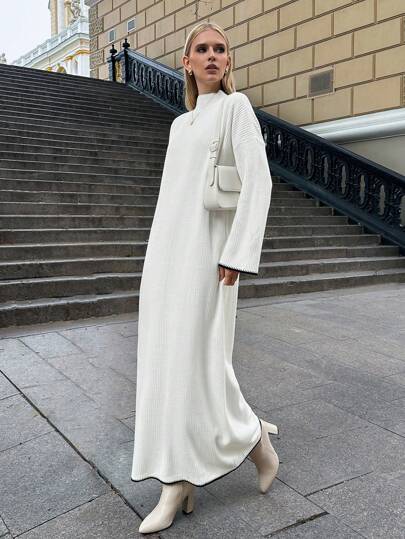 EURMUSE Vestido tipo suéter de manga larga, holgado, con cuello alto y detalles de contrastes de color