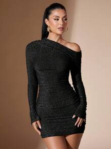 SHEIN BAE Đầm ôm body ngắn tay dệt kim lệch vai màu trơn thời trang thu đông cho nữ - màu đen - Xem 8
