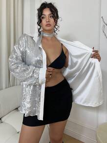 Calvaya Plus Size Shiny Silver Sequined Elegant Party Blouse For Women Women Shirt