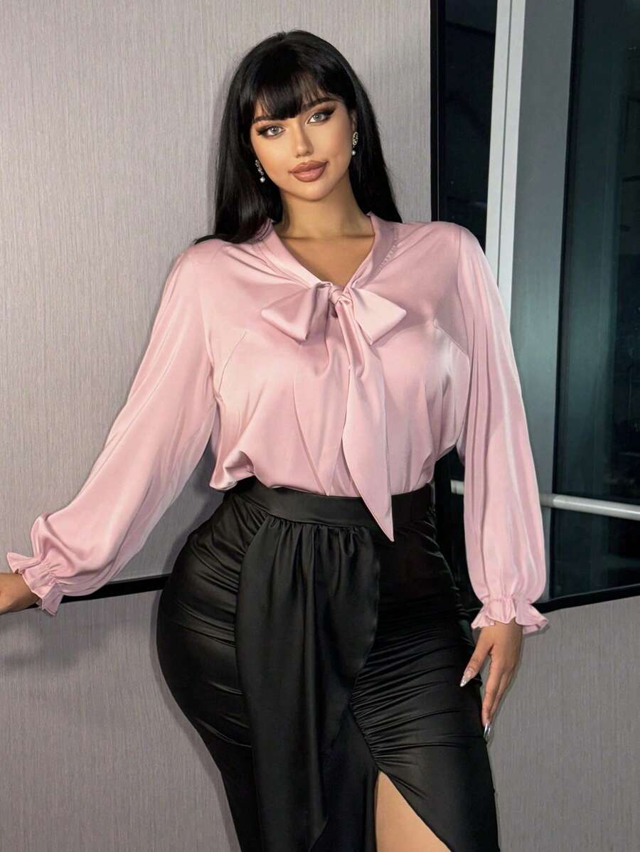 SHEIN Unity 秋季大码休闲优雅通勤商务打结领长袖衬衫 - 粉色 - 查看 1