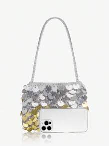 SHEIN SXY Bolso de hombro para mujer, bolso hobo, bolso de noche, de moda, sencillo, elegante, versátil, con lentejuelas grandes, de ganchillo, de color degradado, plateado y dorado, para vacaciones, días festivos, playa, fiesta, baile de graduación, club, cita, cumpleaños, noche de cita, Halloween - Plateado - Ver 4