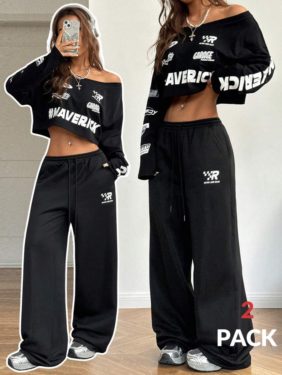 SHEIN EZwear 女士 Y2K 运动数字印花图案露肩 T 恤和运动裤，2 件 - 黑色 - 查看 1
