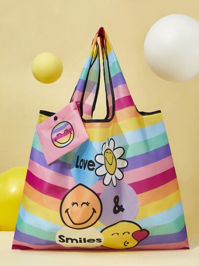 SmileyWorld® | SHEIN Cartoon Smile Face Print Foldable & Portable Tote Bag