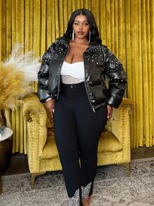 Slaydiva Women Plus Size Thick Padded Diamond Decor Long Sleeve Short Jacket, Fashion Casual Outerwear For Autumn/Winter - Black - View 8