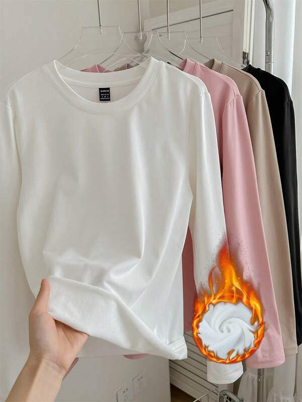 SHEIN LUNE 4 piezas/Conjunto de camisetas básicas de manga larga con cuello redondo casuales y cálidas para mujeres
