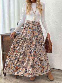 EMERY ROSE Falda holgada de línea A con cintura elástica, estampado floral y volante en el bajo para mujer, otoño - Multicolor - Ver 5