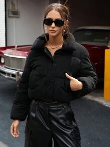 GENKIRA Áo khoác nhung kẻ thời trang giản dị cổ áo sơ mi có dây rút viền có thể điều chỉnh cho nữ tay dài có đệm ngắn, quần áo mùa đông mặc ngoài - màu đen - Xem 5