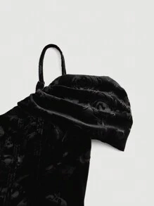 SHEIN MOD Vestido largo de mujer de terciopelo burdeos con estampado en relieve, para principios de otoño - Negro - Ver 3