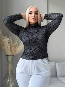 SHEIN SXY Áo thun cổ đứng dệt kim họa tiết màu xanh lá cây cỡ lớn cho nữ, trang phục thường ngày thoải mái cho mùa thu/đông - màu đen - Xem 4