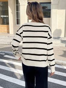 SHEIN Frenchy Black White Striped Pattern Scallop Trim Drop Shoulder Sweater,Long Sleeve Tops In Fall/Winter - Black and White - View 2