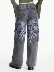 ROMWE Fairycore 女士休闲前扣多口袋翼形印花牛仔裤 - 灰色 - 查看 1