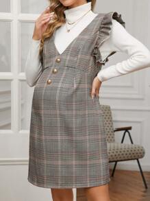 SHEIN Pregnant Women Front Button Pleated Ruffle Plaid Casual Mini Dress, For Maternity