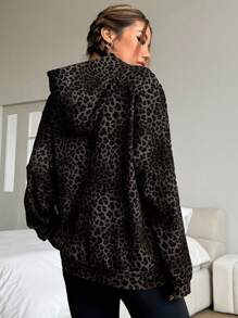 Flirla Sudadera con capucha casual de manga larga con estampado de leopardo