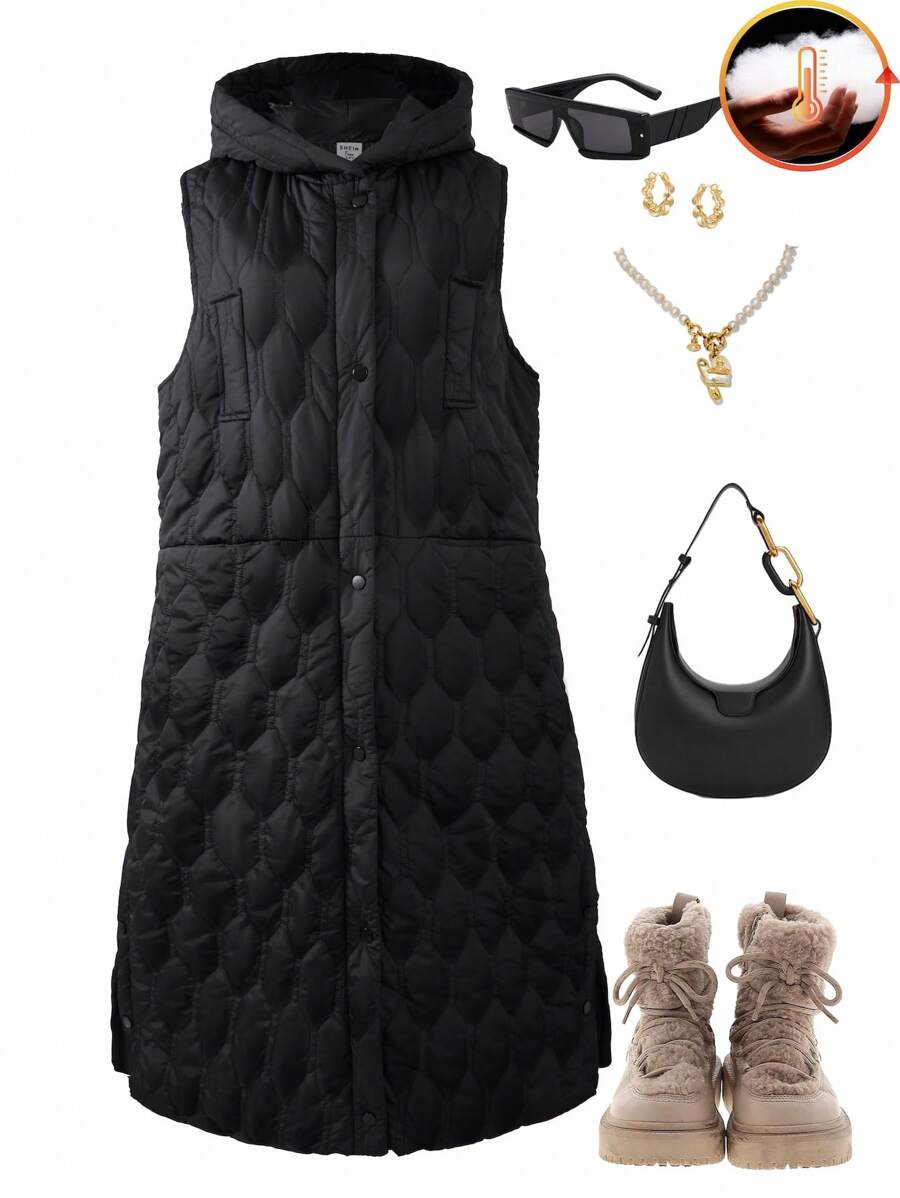 1 件青少年女孩几何褶皱加厚连帽无袖中长休闲加厚保暖加厚外套，秋冬 - 黑色 - 查看 1