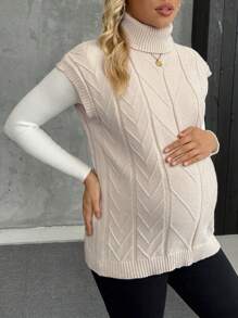 SHEIN Maternity Solid Color Turtleneck Sleeveless Casual Pullover Sweater - Apricot - View 3