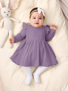 SHEIN 新生女婴休闲纯色针织弹力长袖连衣裙 - 淡紫色 - 查看 3