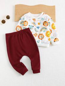 Cozy Pixies 2pcs Baby Boy Cartoon Animal Print Knitted Soft Round Neck Long Sleeve Pullover Sweatshirt & Solid Color Pants Set - Burgundy - View 4