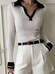 DAZY Women Colorblock Polo Collar Fitted Sweater,Fall Clothes