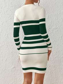SHEIN Clasi 1pc Women Casual Autumn Colorblock Striped Fitted Sweater Dress