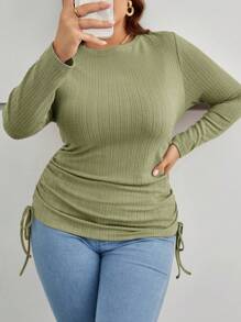 SHEIN Essnce Plus Size Solid Color Round Neck Two Side Ruched Drawstring Long Sleeve T-Shirt