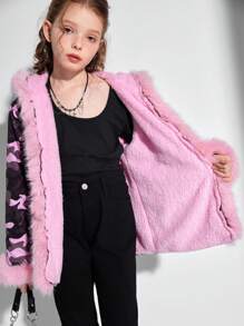 SHEIN Jaqueta de Gola Felpuda e Acolchoada em Estampa de Camuflagem para Meninas Pré-Adolescentes, Roupa de Outerwear Felpuda e Estilosa Para Outono/Inverno