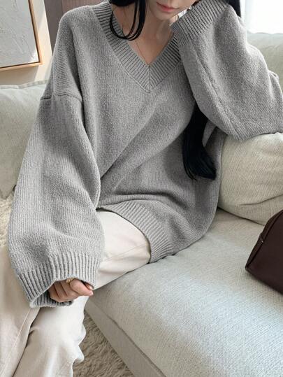 DAZY Pull ample à col en V, manches longues et épaules tombantes, couleur unie pour femmes, vêtements d'automne pour femmes