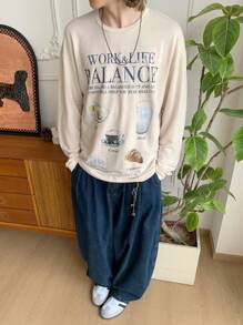 Mainfolk Men Knit Casual Loose Fit Long Sleeve Printed T-Shirt, Fashionable Everyday Style - Beige - View 5