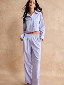 Poéselle 2pcs Women Casual Striped Long Sleeve Top And Full Length Pants Set, Autumn - Blue - View 2
